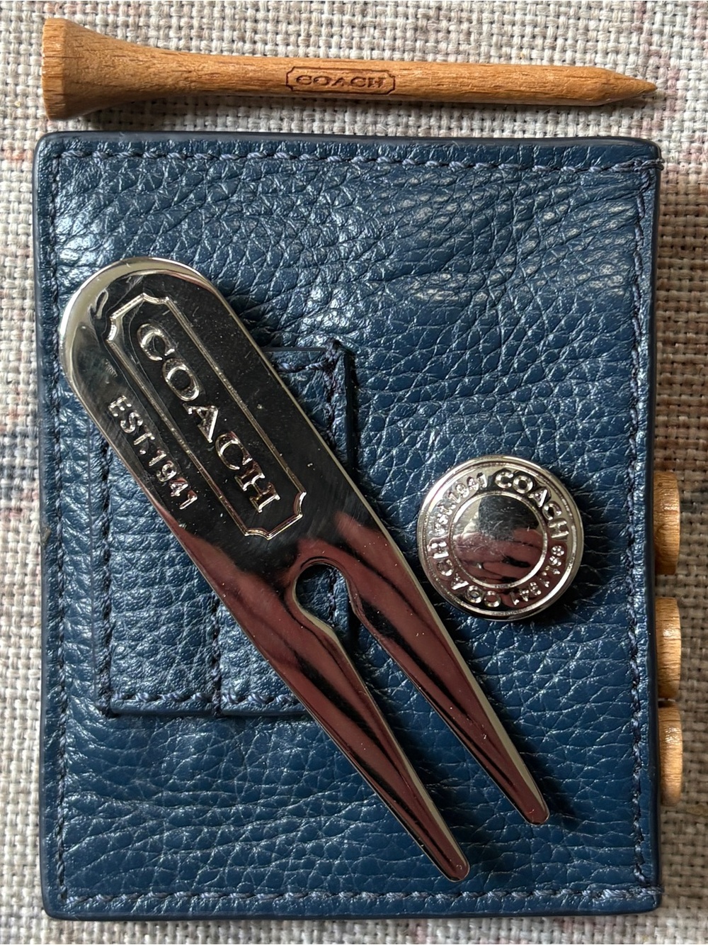 Leather Coach Golf Tee Holder with Divot Tool, Ball Marker and Tees - Navy Blue